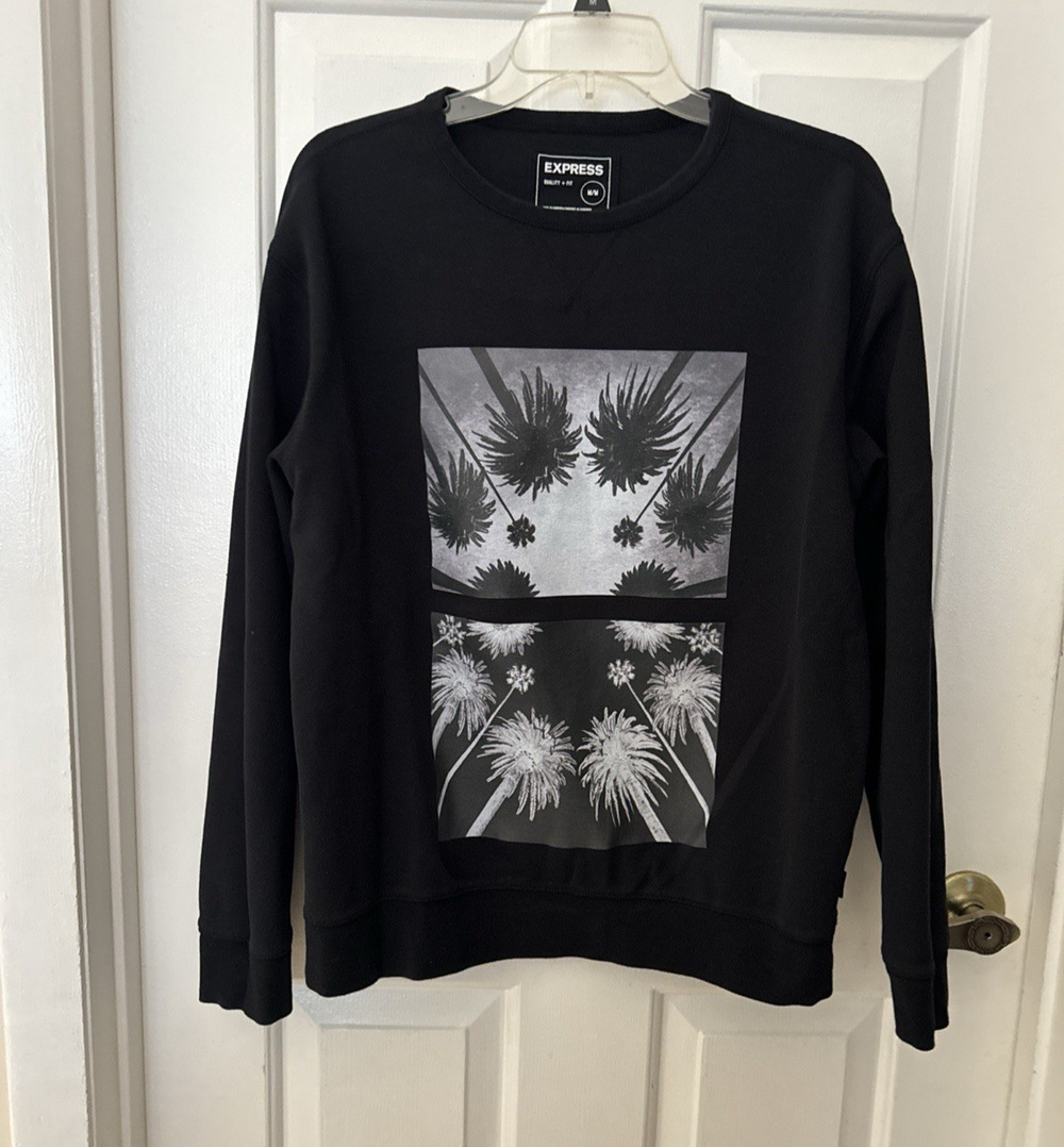Express Mens Black/Gray Tropical Mirror Graphic Sweatshirt Palm Trees Urban M/M